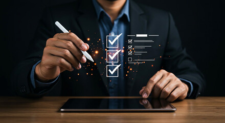 Digital checklist on tablet for business management and task management with businessman using pen tool