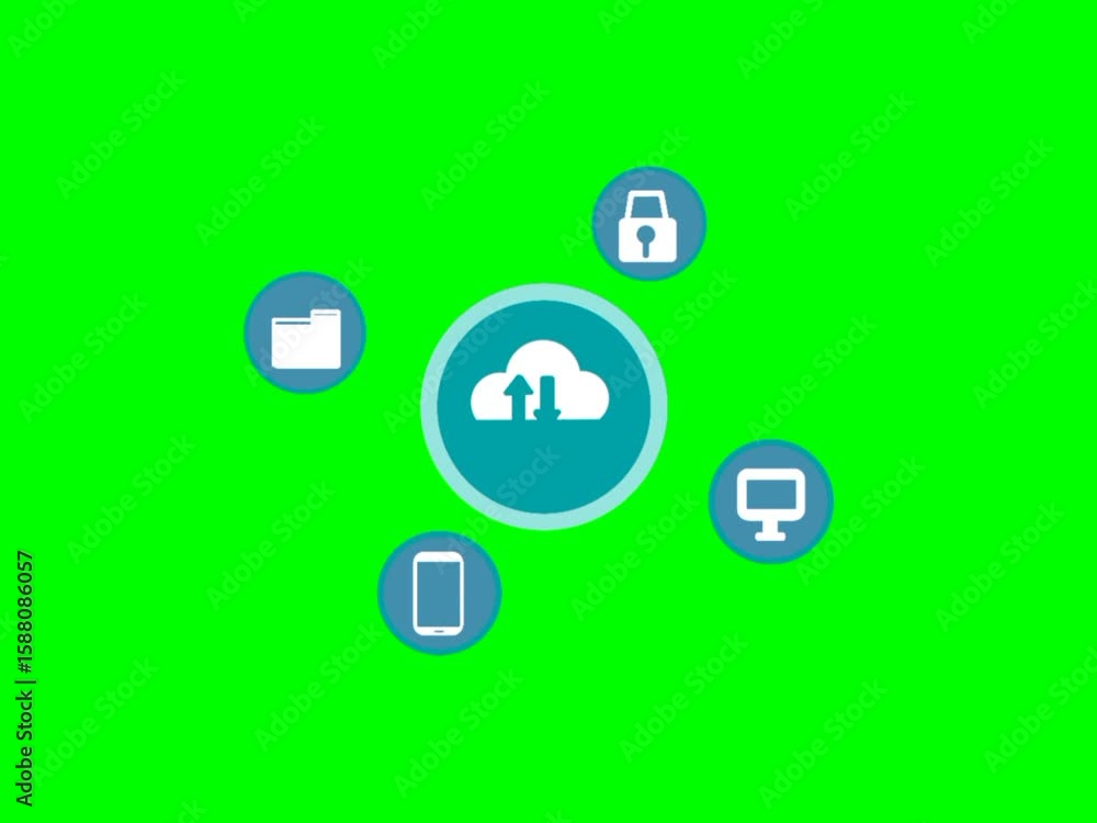 Poster cloud computing animation with icons. computer, mobile phone, folder, and security lock surrounding 