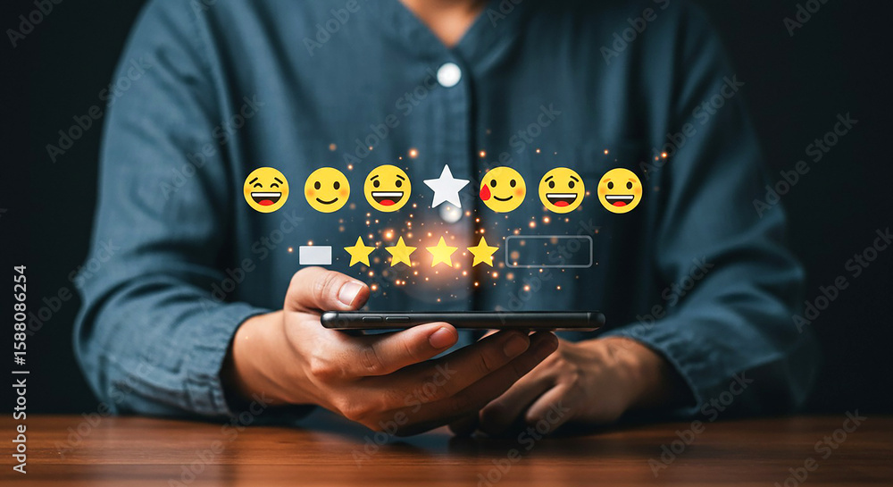 Poster online feedback and rating concept with person using smartphone to give star rating review system