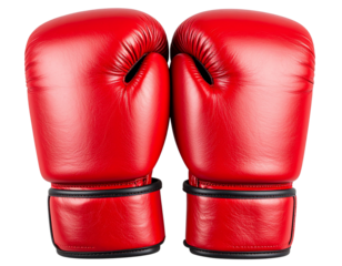  Pair of Red Leather Boxing Gloves with Visible Stitching, Isolated on Transparent Background PNG   