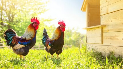 Two roosters strutting on grass in front of chicken coop at sunrise