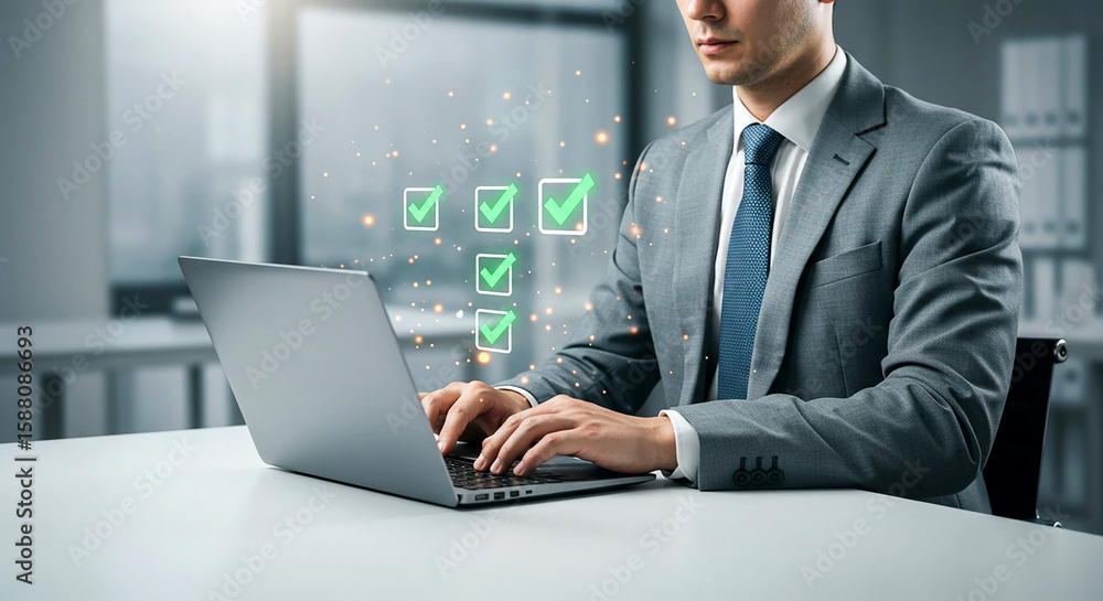 Poster businessman working on laptop with checklist for project management and task completion concept in o