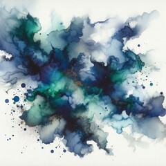 Irregular watercolor splash in indigo and emerald with visible p