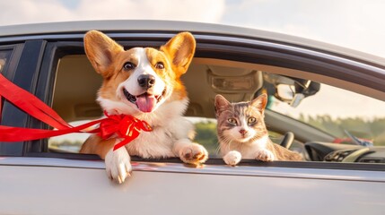 Happy corgi dog and gray cat sitting in front seats of white car with paws out of open windows, smiling in natural sunlight, wearing red ribbon, enjoying friendship and cheerful road trip together