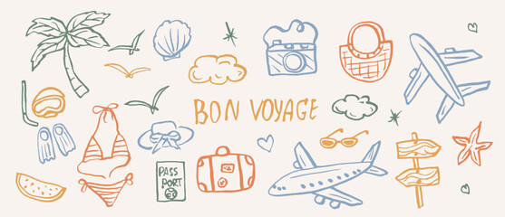 Hand drawn bon voyage elements. Summer vacation illustration
