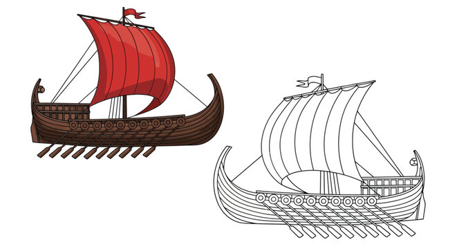 Byzantine Dromon Warship Coloring Page for Kids Dual Colored and Outline Vessels