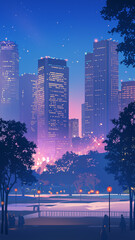 静けさと煌めきが共存する真夜中のビル群を描いた1980年代レトロアニメ調イラスト｜哀愁と近未来感が融合した独特の世界観が広がる都市夜景の幻想的アート素材