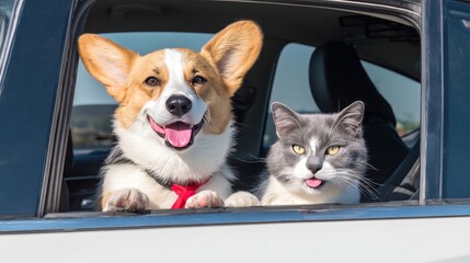 Happy corgi dog and gray cat sitting in front seats of white car with paws out of open windows, smiling in natural sunlight, wearing red ribbon, enjoying friendship and cheerful road trip together