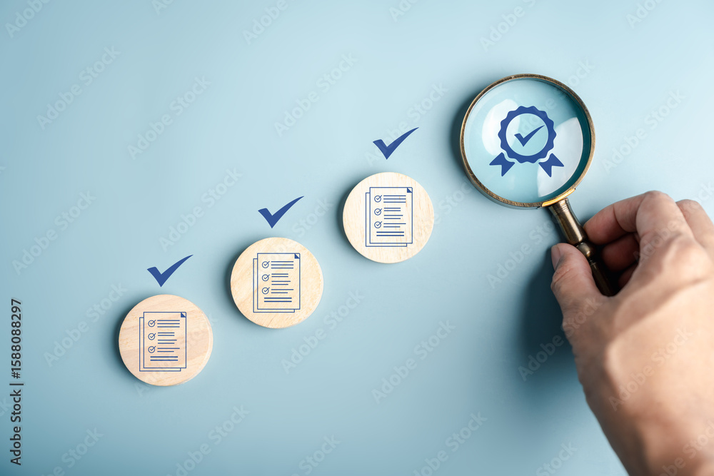 Poster certificate approval process with document checklist, magnifying focus quality assurance, verificati