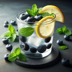 Lemonade with Blueberries and Mint A tall glass of lemonade with