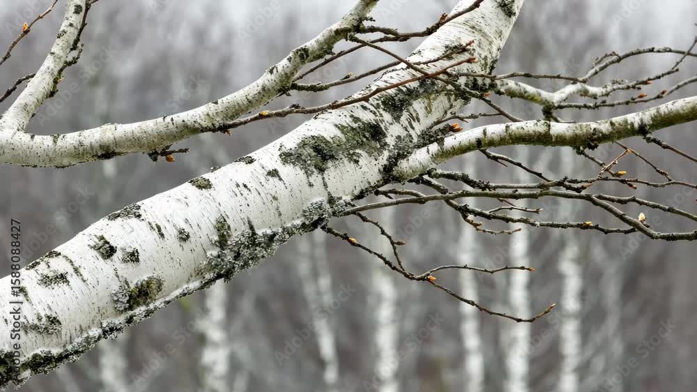 Poster closeup view of birch tree branch swaying gently in the cold winter breeze, closeup of the branch on