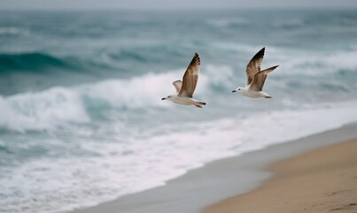 seagulls flying over the beach, with ocean waves in the background