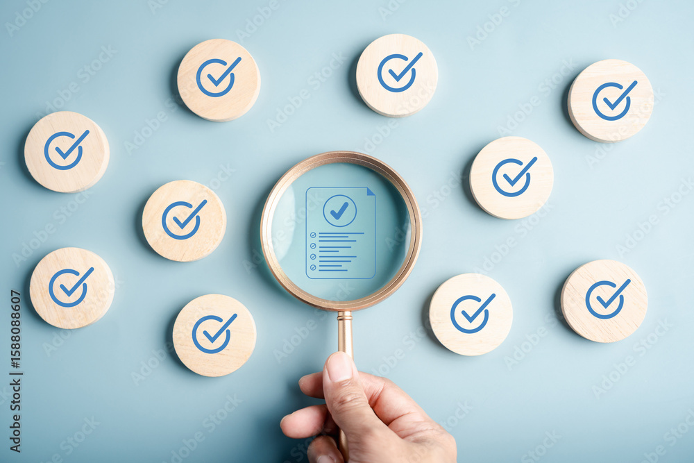 Aufkleber document check and digital survey analysis with checklist, data accuracy, verification, online form 