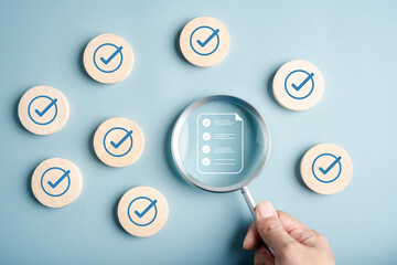 Document form check with checkmarks for approval and guarantee, quality control, validation...