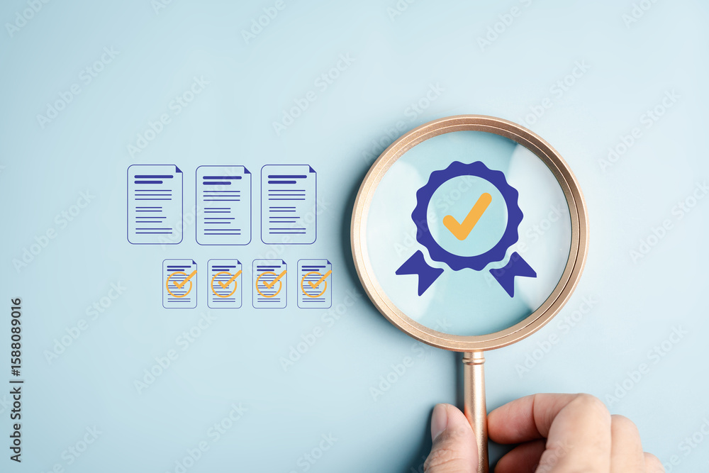 Poster quality document check verification process with a magnifying glass focusing on approved documents a