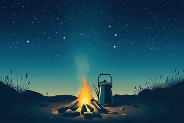 Art illustration minimalist shot of a campfire with a pot of coffee brewing over the flames.