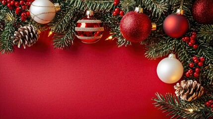 Festive holiday decorations featuring ornaments, pinecones, and greenery on a red background