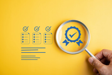 Quality certificate checklist form completed evaluation documents, standard approval, and certified verification for compliance, assurance, and quality control management.