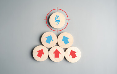 Rocketship ambition and business success target arrow upward direction, leadership, goal setting,...