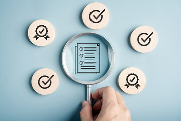 Quality management and certificate approval checklist document under magnifying glass, representing...