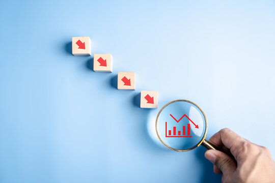 Stock market and business downtrend financial crisis, economic recession, performance decline, loss, risk management, and falling investment with negative growth indicator.