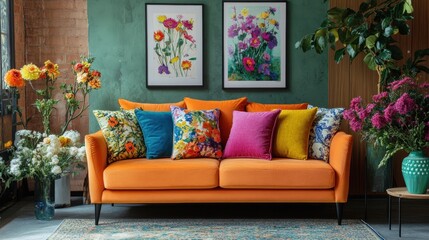 Vibrant orange velvet sofa with colorful floral throw pillows and framed botanical prints on a teal wall, surrounded by fresh flowers and greenery.