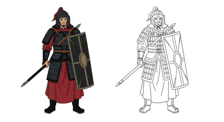 Obraz premium Chinese Han Dynasty Warrior Coloring Page with Colored and Outline Historical Forms