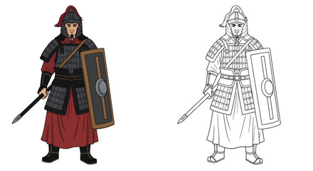 Chinese Han Dynasty Warrior Coloring Page for Kids Dual Colored and Outline Uniforms