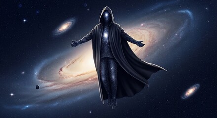 Cosmic Being in Cloak with Galaxy Body and Open Arms in Space