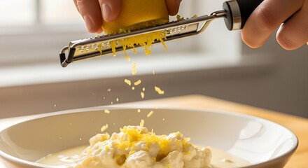 Grating Lemon Zest over Pasta, Food Preparation for Flavor Enhancement
