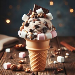 Rocky Road Cone A single scoop of rocky road ice cream in a suga