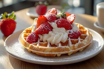 The waffle has a golden and crispy surface, paired with strawberries and cream