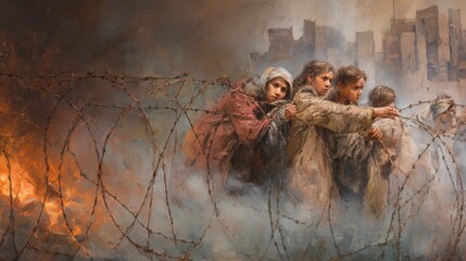 Amidst the chaos of war, through thick smoke and explosions, a group of people in torn clothing, on a journey of hope, struggle to cross the barbed wire. 