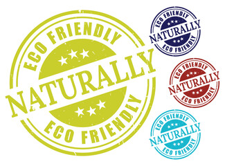 Naturally Eco-Friendly Stamp Vector Set, Grunge Style Green Label Pack  