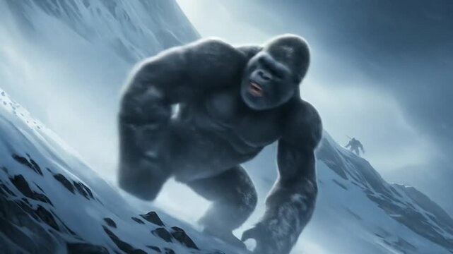 A large gorilla, seemingly monstrous, is depicted on a snowy mountain peak, showcasing a powerful stance.