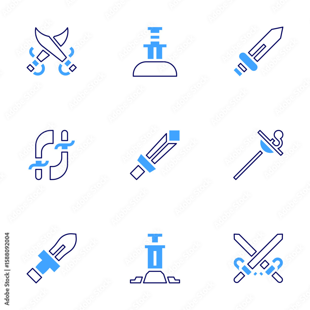 Poster sword icon set. bold line style. duotone colors. editable stroke. sword