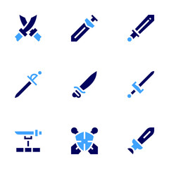 Sword icon set. Bold style. Duotone colors. shield, swords, sword