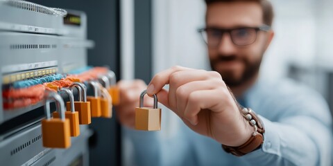 iot  smart devices  cybersecurity concept. Man securing data with locks on a server rack.