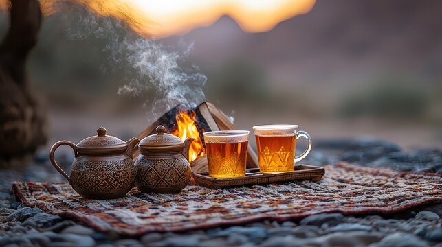 Steaming tea and teapots by cozy bonfire at sunset in the desert - Powered by Adobe