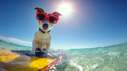 Cute Jack Russell terrier wearing red sunglasses standing on yellow and black surfboard in clear ocean water under blue sky on sunny day, showing joyful expression and fun summer vacation mood