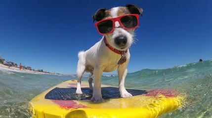 Cute Jack Russell terrier wearing red sunglasses standing on yellow and black surfboard in clear ocean water under blue sky on sunny day, showing joyful expression and fun summer vacation mood