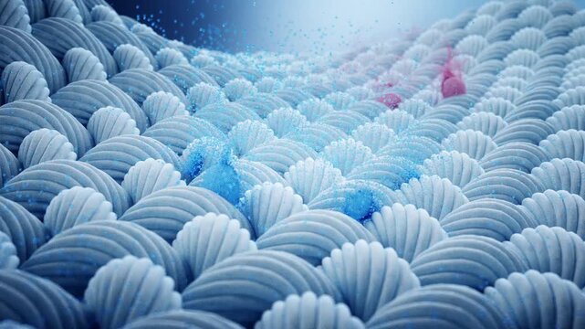 Water bubbles remove stubborn stains from fabric fibers, remove red and blue stains from cloth or fabric. Washing powder or detergent can better protect fabrics from bacteria. 3D animation.