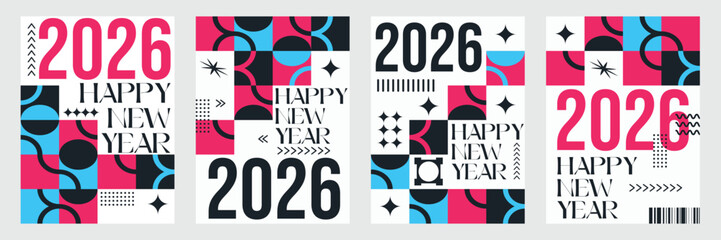 Modern 2026 New Year Poster Set Abstract Geometric Holiday Greeting Card Templates Collection of 2026 Happy New Year card, cover, poster. Vector illustration