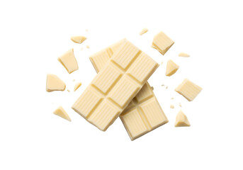 Broken White Chocolate Pieces on White Background, Flat Lay Minimalist Food Photo with Crumbs and Texture