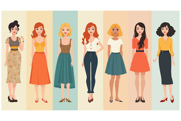 Fashion Style Illustration with Different Outfits and Women Characters