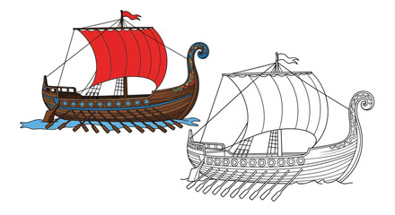 Greek Merchant Bireme Ship Coloring Page for Kids Dual Colored and Outline Vessels