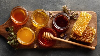 Various honey jars and honeycomb on a wooden board