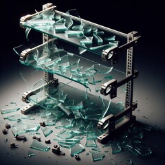 A broken glass shelf the shards still resting on the brackets ea