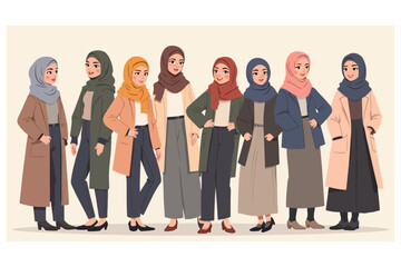 Obraz premium Cartoon Women Wearing Headscarves and Coats Illustration