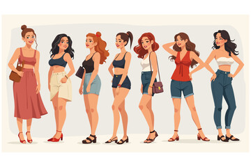 Fototapeta premium Cartoon Women in Summer Clothing Lineup with Bags and Shoes